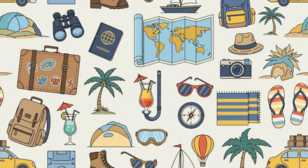 Seamless travel pattern featuring vacation essentials and tropical island elements in doodle style