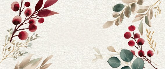 Watercolor Floral Design with Berries and Leaves for Invitations and Greeting Cards