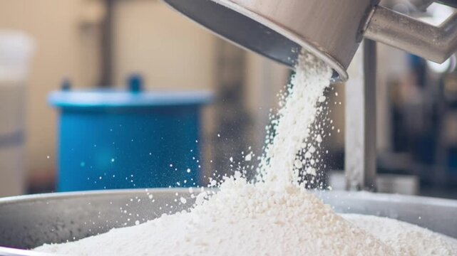 White flour pouring from industrial processing machine into large stainless container, modern food manufacturing workflow showing fine powder ingredient falling smoothly in automated production facili