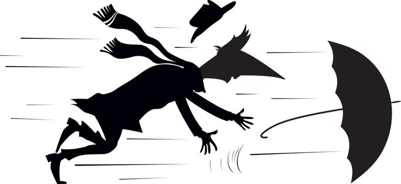 Rainy and windy day. Man. Umbrella