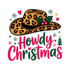 Howdy Christmas Western Vector Illustration with Leopard Print Cowboy Hat