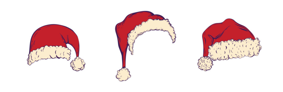 A vibrant vector set featuring colorful Christmas hats, each rendered as a bright, cheerful sticker. These graphics perfect for holiday greetings, seasonal social, or digital scrapbooking.