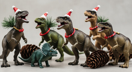 Festive prehistoric dinosaur figures wearing Christmas hats and decorations, standing among pinecones, capturing a playful Jurassic holiday scene