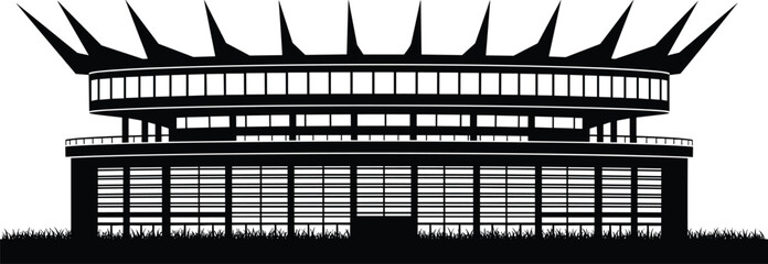 Vector illustration of modern sports stadium silhouette, black architecture building icon with spiky roof, soccer arena design, cricket ground, isolated graphic for logo background.