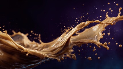 coffee-coloured gradient rich-textured bright liquid of coffee epic flowing and splash smoothly and epicly ,against deep black background 