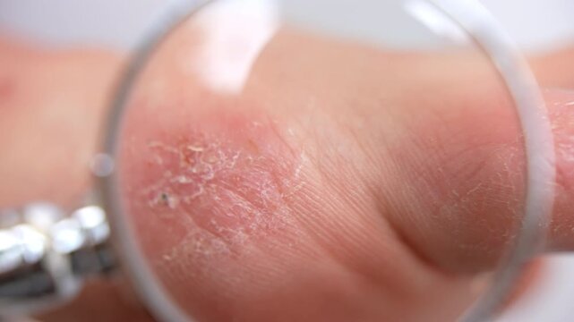 Close-up shot of dermatological disease through the magnifying glass, redness, dry peeling skin and small blisters being acute symptoms of dyshidrotic eczema, atopic eczema or psoriasis, serious skin