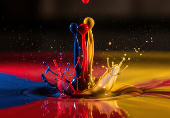 Vibrant primary color liquid splash with dynamic droplets and mixing pigments