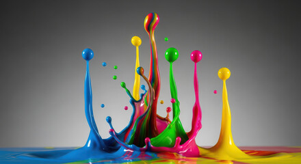 Vibrant high-speed liquid splashes with colorful paint creating dynamic abstract forms