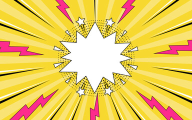 Comic pop art background with speech bubble. Comic book background with thunder and lightning in halftone style.