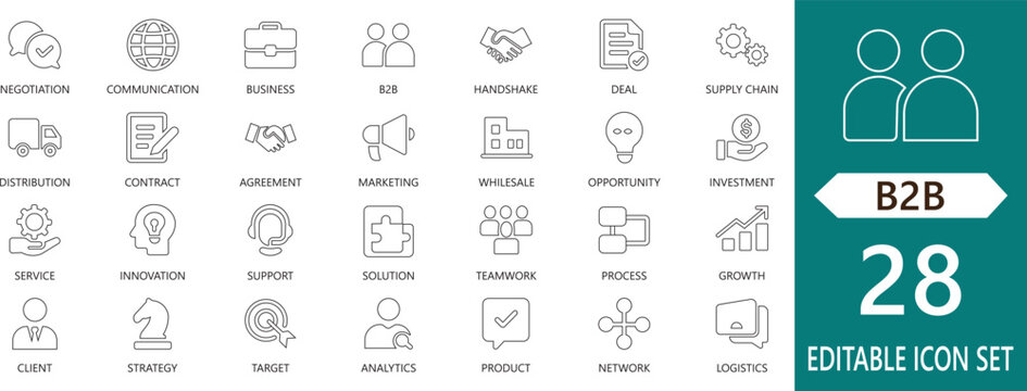 Minimal B2B outline icon set featuring partnerships, workflow, strategy, services, communication, and business cooperation elements.