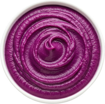 Smooth swirling purple puree with a glossy finish in a white ceramic bowl isolated on black creamy texture food purple food sweet potato ube yam paste