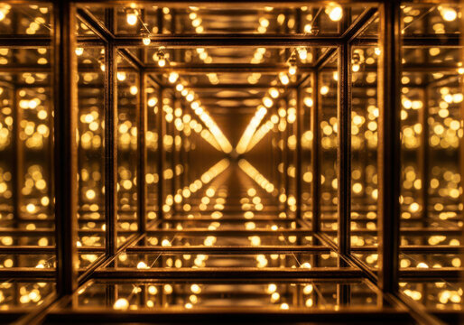 Abstract tunnel of infinite golden light reflections and geometric bokeh