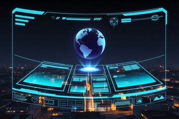 Futuristic Holographic Globe Interface Over Cityscape