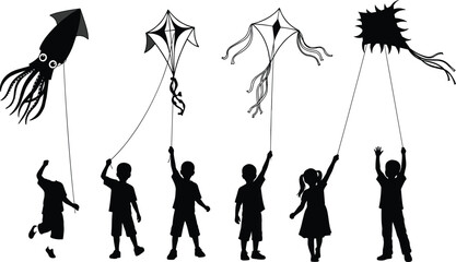 Silhouettes of happy young children and kids outside playing and flying diverse, decorative kites including a large squid kite, symbolizing freedom, imagination, fun, and childhood outdoor games.