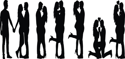 Silhouettes of loving couples in various passionate poses, including kissing, embracing, holding hands, and a marriage proposal, symbolizing romance, 