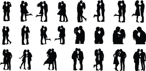 Collection of romantic couples in passionate, tender, and loving poses, embracing and kissing, symbolizing romance, affection, relationship goals, dating, and lasting commitment.