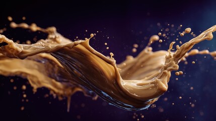 coffee-coloured gradient rich-textured bright liquid of coffee epic flowing and splash smoothly and epicly ,against deep black background 
