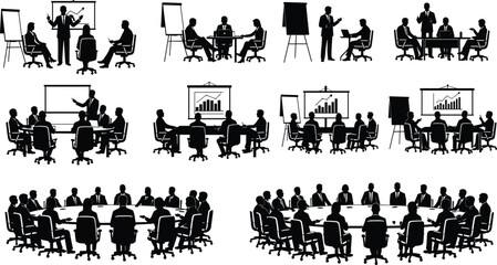 Collection of business people silhouettes in diverse corporate meetings, boardrooms, and presentations, symbolizing teamwork, strategy planning, corporate governance, 