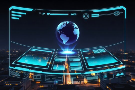 Futuristic Holographic Globe Interface Over Cityscape