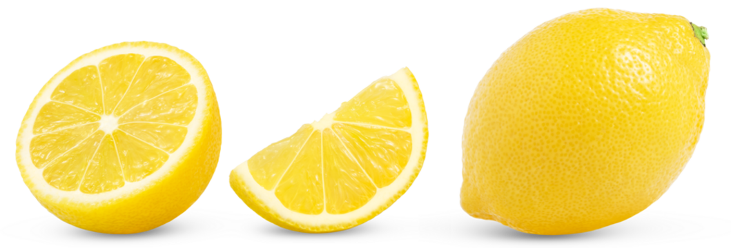 Collection of lemon fruit, slice and half isolated on a white background, Fresh and Juicy lemons with clipping path.