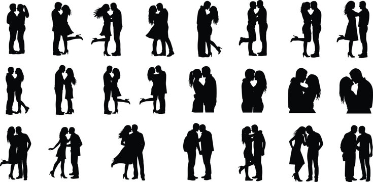 Collection of romantic couples in passionate, tender, and loving poses, embracing and kissing, symbolizing romance, affection, relationship goals, dating, and lasting commitment.