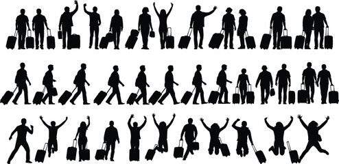 Silhouettes of diverse travelers pulling luggage and jumping for joy, symbolizing adventure, travel excitement, holiday vacation, departure, tourism, journey freedom, and global business travel.