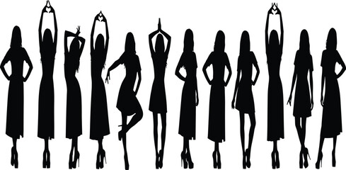 Silhouettes of confident and beautiful young women in elegant dresses posing with grace and style, symbolizing femininity, fashion, modeling, confidence, beauty, and female celebration events.