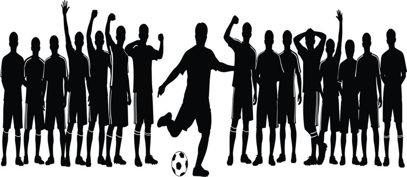 Silhouette of a large, diverse football or soccer team cheering while one player kicks the ball, symbolizing victory, athletic triumph, - Powered by Adobe
