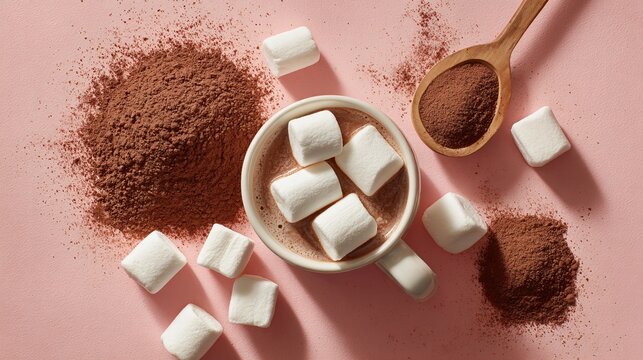 Marshmallows and hot cocoa powder flat lay, warm minimalism
