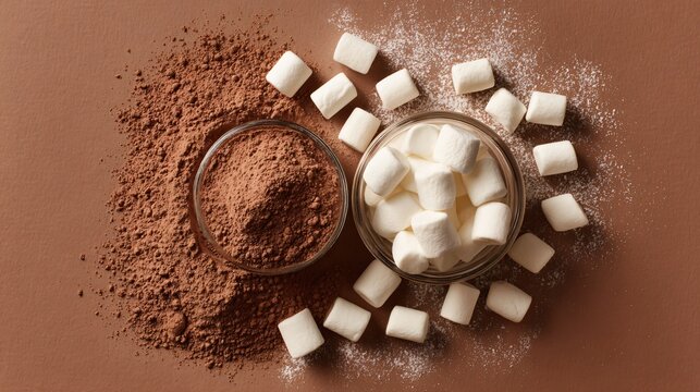 Marshmallows and hot cocoa powder flat lay, warm minimalism - Powered by Adobe