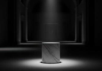Spotlight illuminates elegant white marble podium in a dark mysterious hall