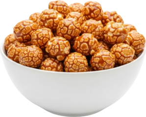 A close up view of a white bowl filled with caramel popcorn spheres showcasing their glossy texture and honeycomb like patterns popcorn balls sweet snack