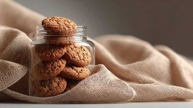 Minimal glass jar of cookies beside beige fabric