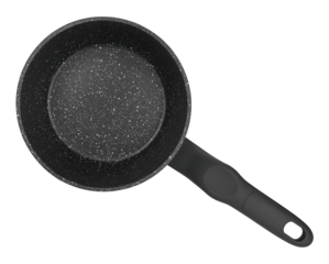 Sauce pan medium sized with handle isolated on a transparent background. Full depth of field. Top view. PNG.