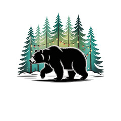 Christmas Bear Silhouette Walking in Winter Forest with Glowing String Lights