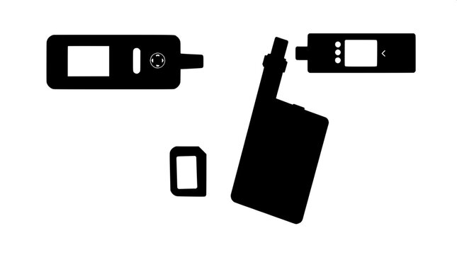 Flat, high-contrast illustration of four distinct vape devices in black silhouette with white button and screen details, arranged symmetrically in a balanced composition on a clean white canvas, featu