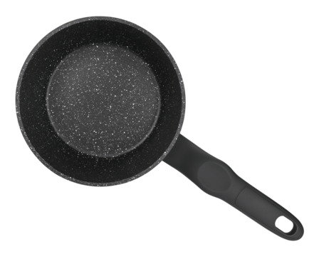 Sauce pan medium sized with handle isolated on a transparent background. Full depth of field. Top view. PNG.