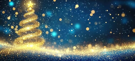Obraz premium Golden Spiral Christmas Tree with Star and Sparkling Background for Holiday Decor and Greeting Cards