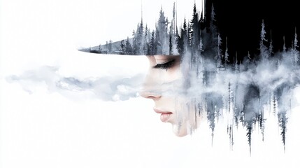 A profile view of a woman's face blended with a dark, misty forest, creating a surreal and atmospheric effect.