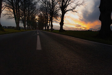 Eine Baumallee Straße im Kahlen Herbstkleid der Bäume und einen Sonnenuntergang 