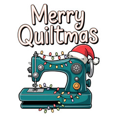 Merry Quiltmas Funny Christmas Vector Illustration with Sewing Machine and Lights