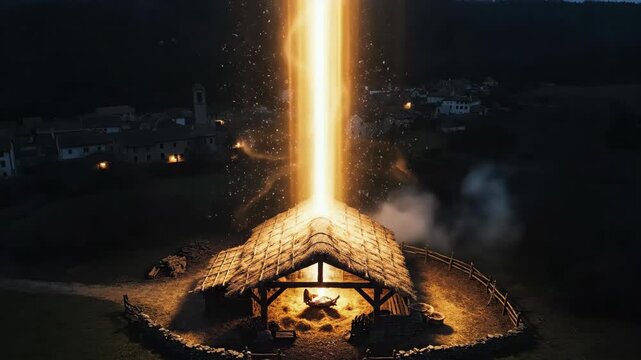 Bright flames rocket from the roof of a historic temple as the sun sets. The glow dances across the quiet village below, creating an enchanting atmosphere filled with warmth and wonder.