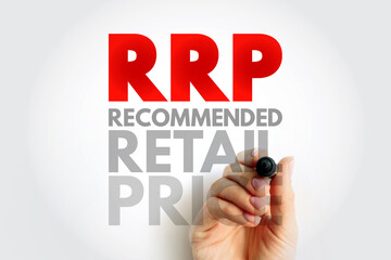 RRP Recommended Retail Price abbreviation handwritten. Retail and pricing concept related to product marketing, sales, and suggested price strategies in commerce and trade
