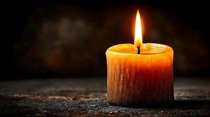 A single candle burns brightly in the darkness, casting a warm glow on the surrounding surface, creating a serene and contemplative atmosphere in the room