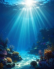 Naklejka premium Sunlight streams through ocean water, illuminating coral reefs