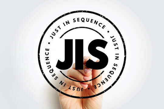 JIS stamp with hand holding marker, showing JUST IN SEQUENCE concept around bold center text, symbolizing production flow, timing control and organized process inside a circular framed layout