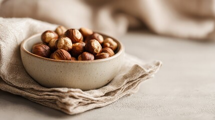 Simple snack bowl of roasted hazelnuts beside linen napkin, cozy neutral palette