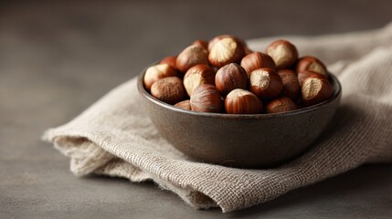 Simple snack bowl of roasted hazelnuts beside linen napkin, cozy neutral palette