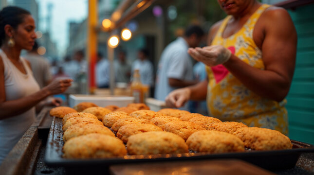 Venta callejera de frituras dominicanas en bandeja caliente durante feria local