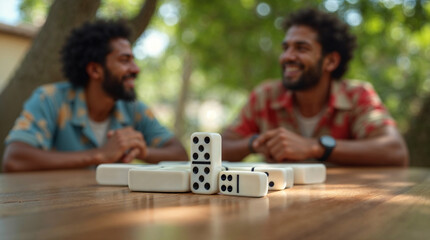 Dos hombres jugando dominó en mesa de madera al aire libre entre árboles © Iombi